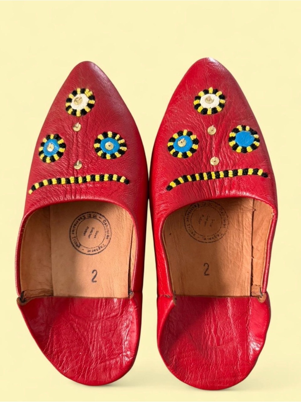 Vintage 60s Hand-Made Red Leather Morroccan Slides Slip-On Shoes